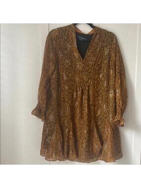 French Connection XS Snake Print Long Sleeve Mini Dress V-Neck Chiffon